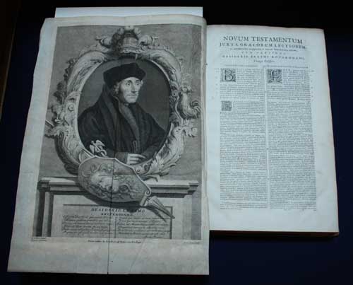 Engraving of Erasmus and Book of St. Matthew, Novum Testamentum Graece Et Latine